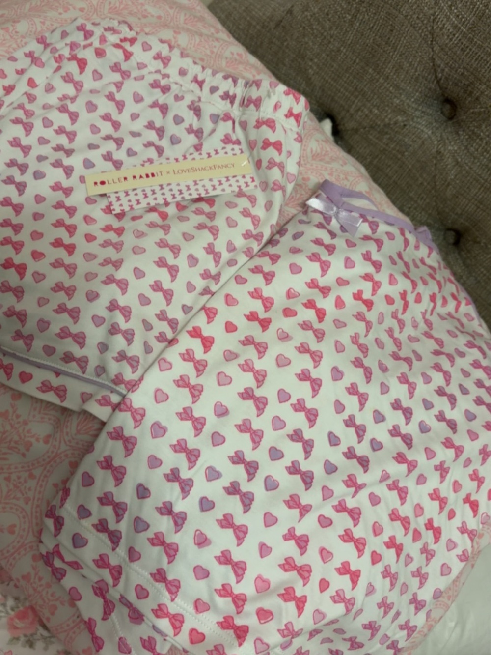 Roller Rabbit x Love Shack Fancy Pink Heart & Bow Print Pajama Set XL NWT